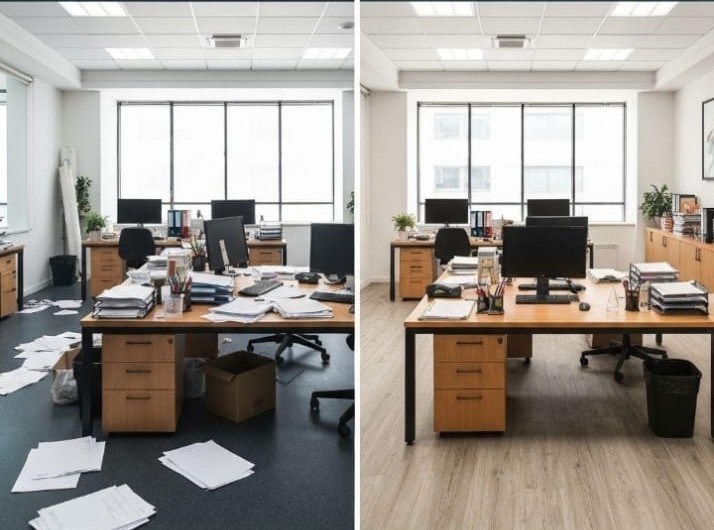 Commercial office storage room clear and clean before and after